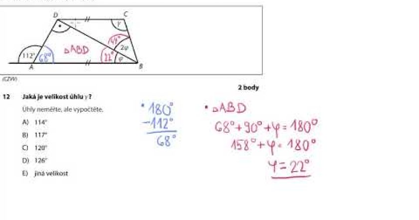 Výpočet uhlů v lichoběžníku – 9. třída – Přijímací zkoušky REAL 2018 CERMAT verze A – 12. příklad